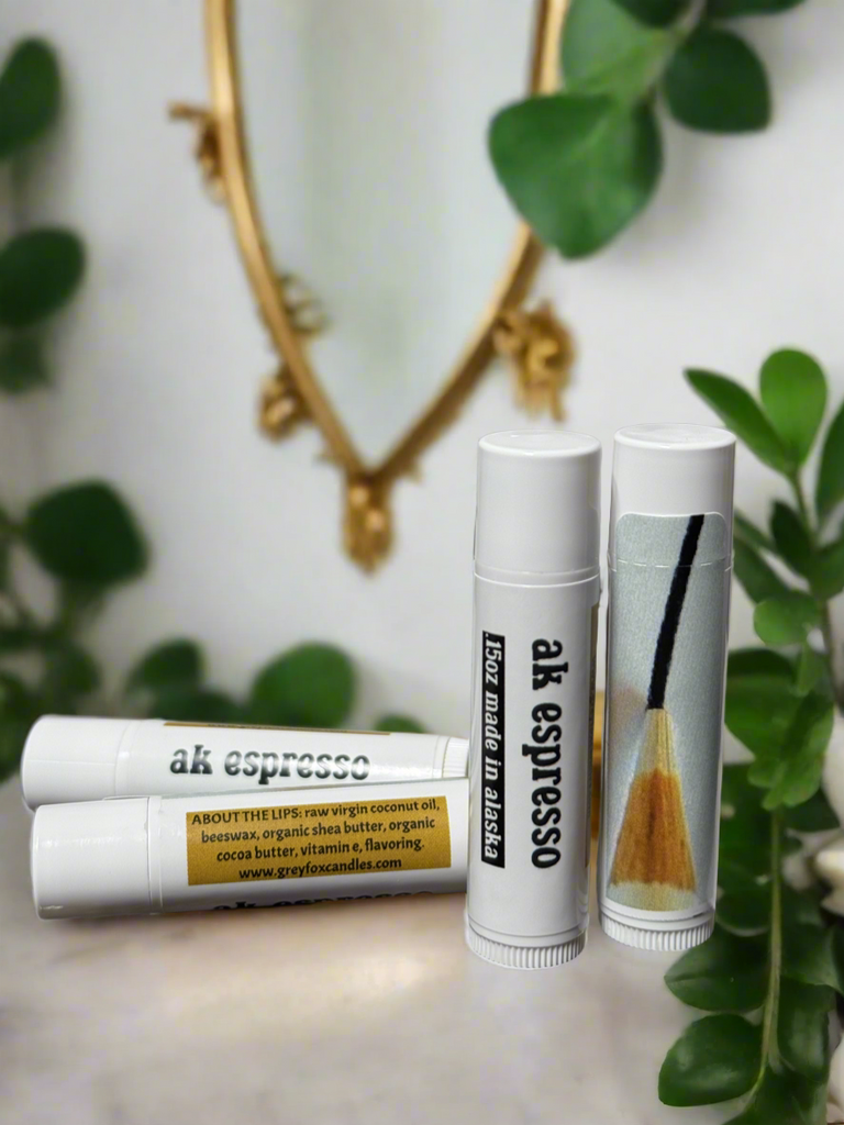 beeswax lip balm, grey fox candles. made in alaska. alaska made, espresso