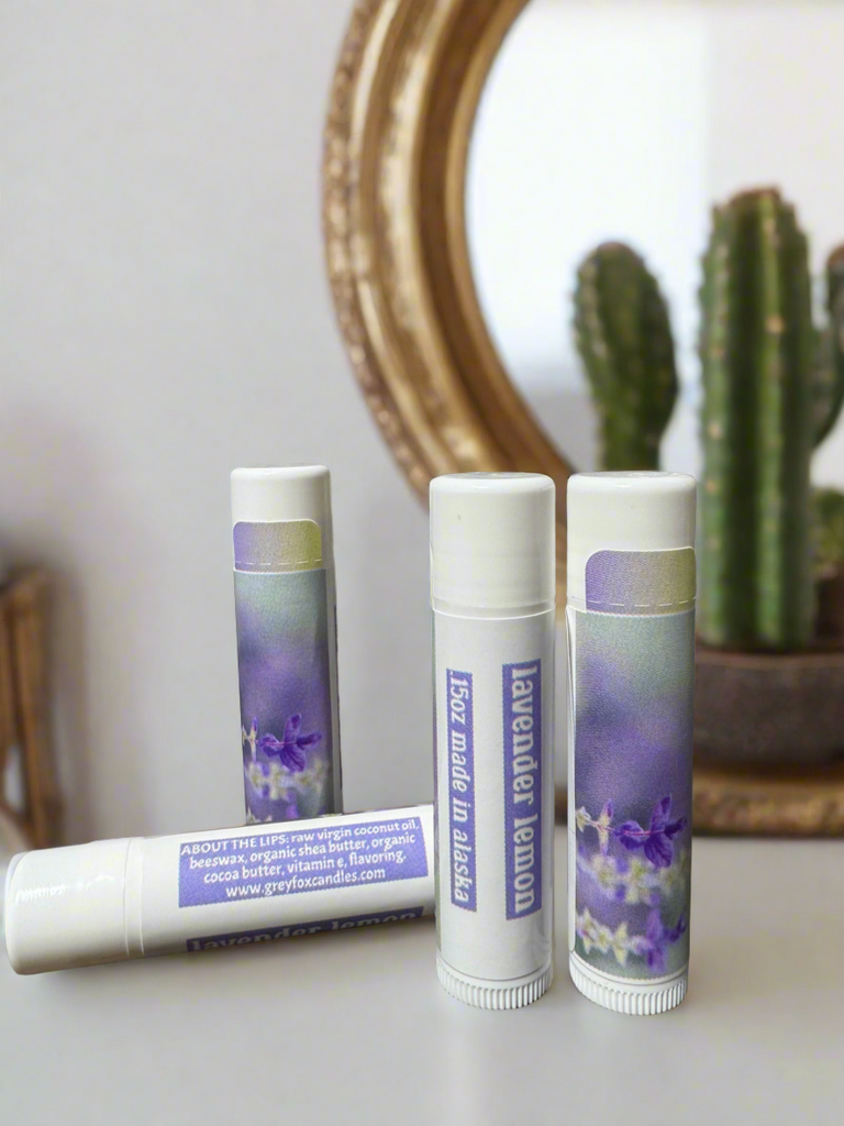 beeswax lip balm, grey fox candles. made in alaska. alaska made, lavender lemon