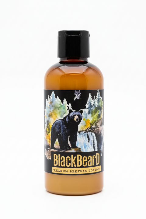 Black Bear with scenic background and 'BlackBeard Premium Beeswax Lotions' text