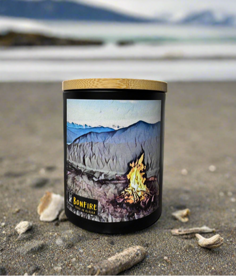 bonfire candle, campfire candle, made in alaska, alaska made, grey fox candles