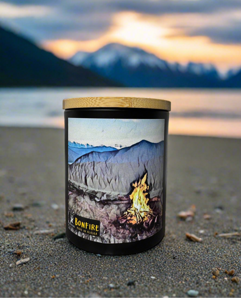 bonfire candle, campfire candle, made in alaska, alaska made, grey fox candles