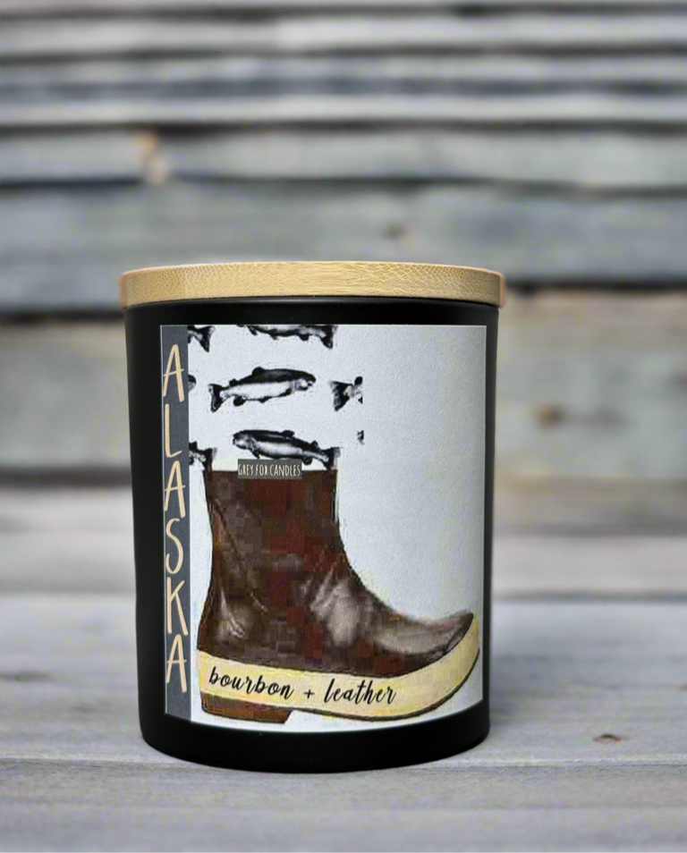 bourbon leather candle, water boot candle, grey fox candles, bourbon and leather, alaska candle company, made in alaska, alaska made