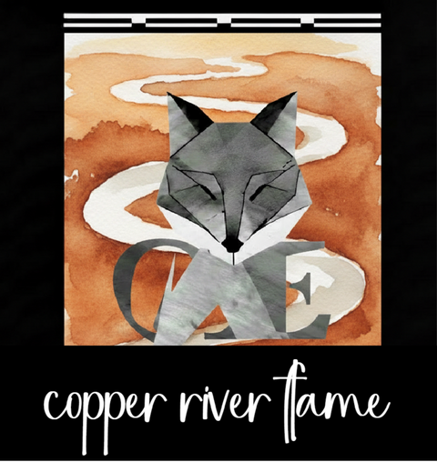 Artistic depiction of a grey fox head with watercolor background and 'Copper River Flame' text.
