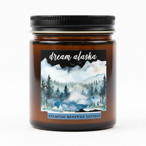 Dream Alaska premium body lotion packaging with mountain and forest design.