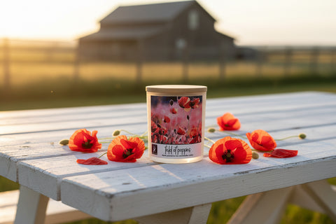 Candle with poppy design on a wooden table outdoors