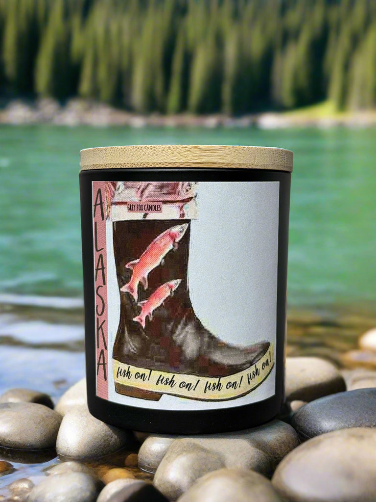 fish on water boot candle, grey fox candles, made in alaska, alaska made, fish candle