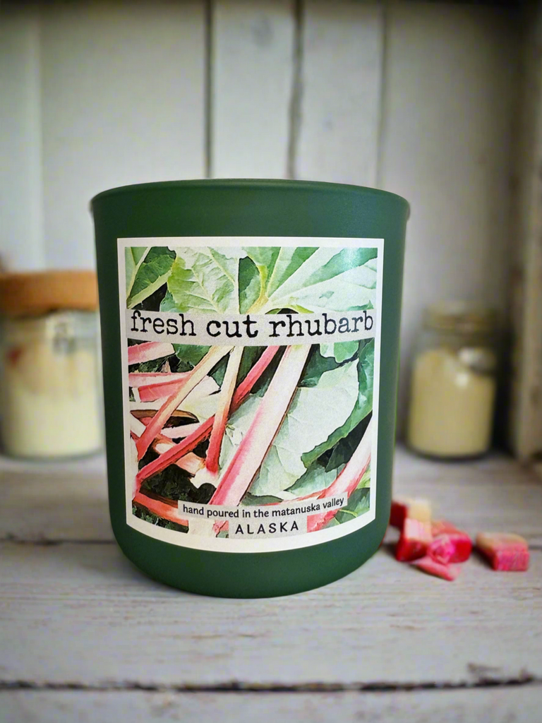 fresh cut rhubarb candle, grey fox candles, made in alaska, alaska made, rhubarb candle
