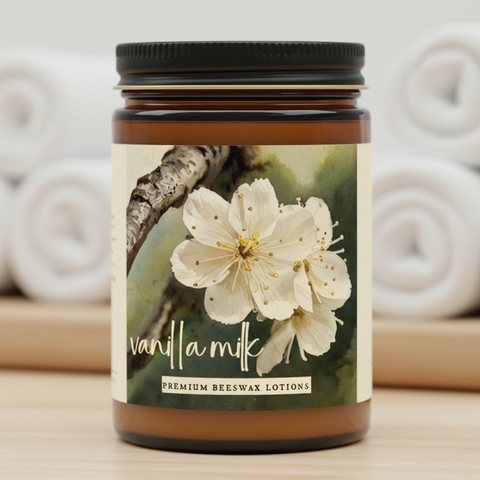 Jar of vanilla milk premium beeswax lotions with floral label on a neutral background