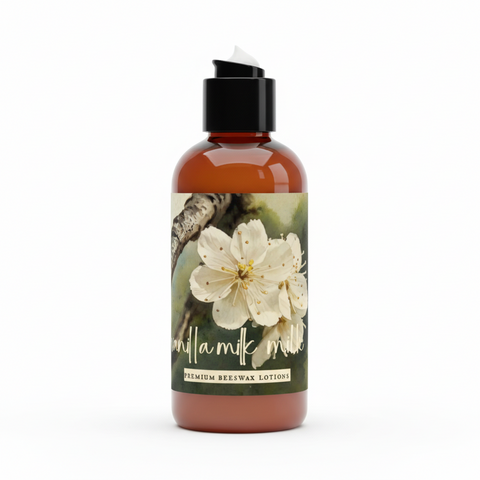 trial size bottle of premium beeswax lotion with a floral label on a white background