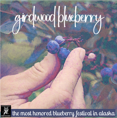 Hand holding blueberries with 'Girdwood Blueberry' text and 'Alaska' branding.