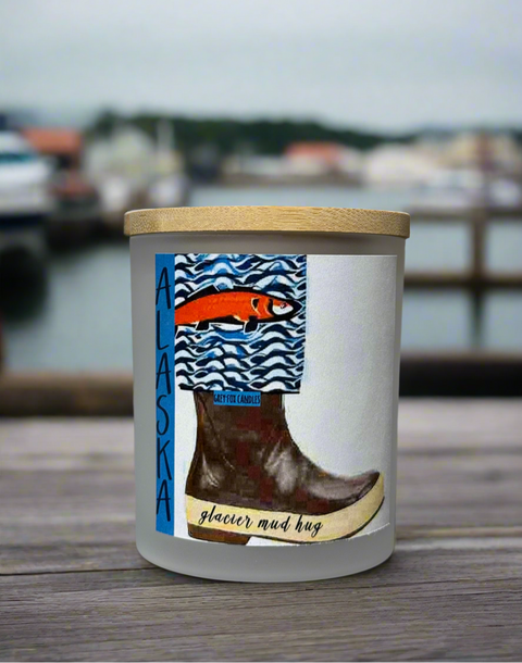 glacier mud hug waterboot candle, alaska candle, made in alaska, alaska candle company