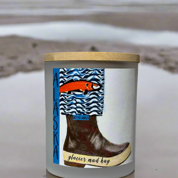 glacier mud hug waterboot candle, alaska candle, made in alaska, alaska candle company