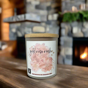 gold rose rush coconut wax candle, made in alaska, alaska made, alaska candle company