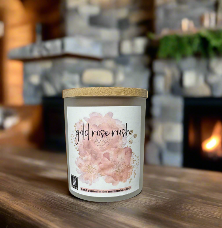 gold rose rush coconut wax candle, made in alaska, alaska made, alaska candle company