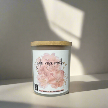 gold rose rush coconut wax candle, made in alaska, alaska made, alaska candle company