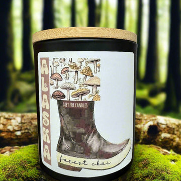 forest chai candle, grey fox candles, made in alaska