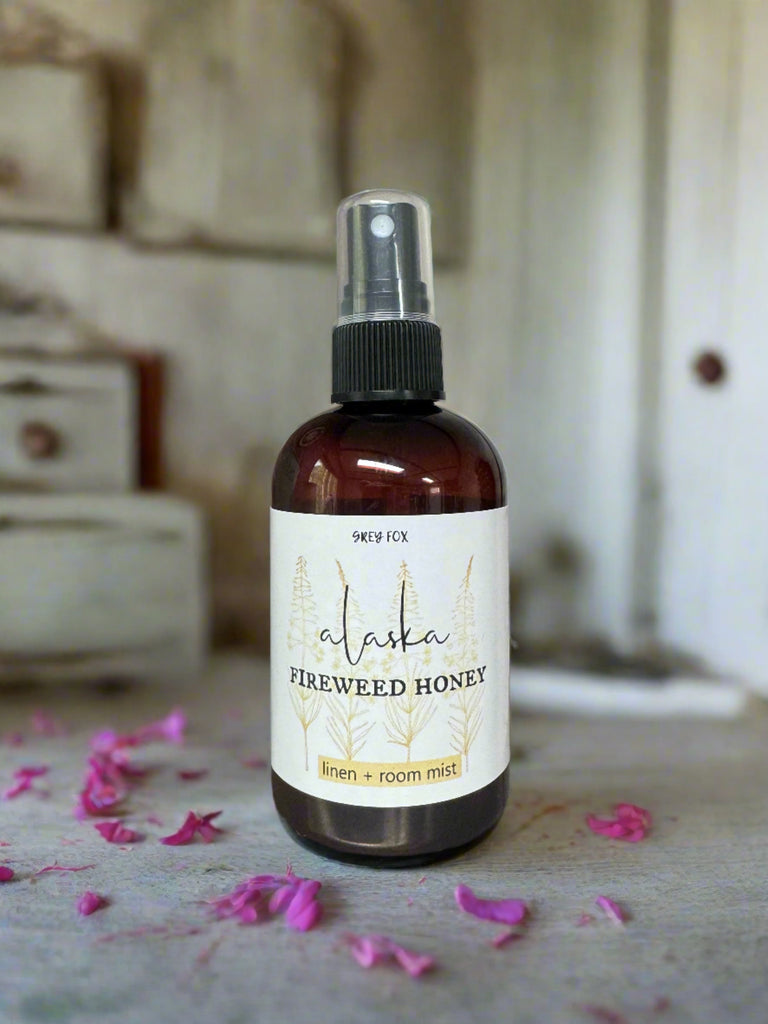 alaska fireweed honey linen spray, grey fox candles