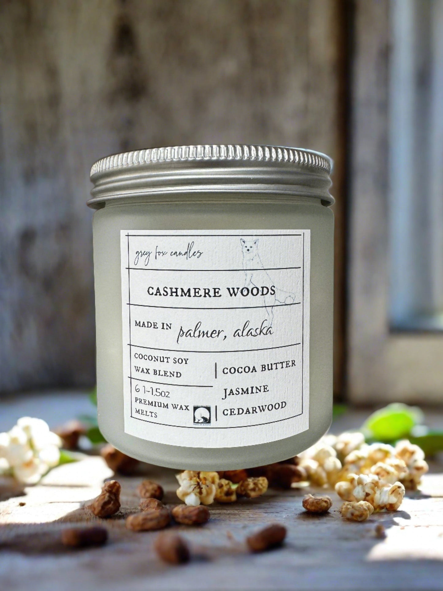 cashmere woods premium wax melts, grey fox candles