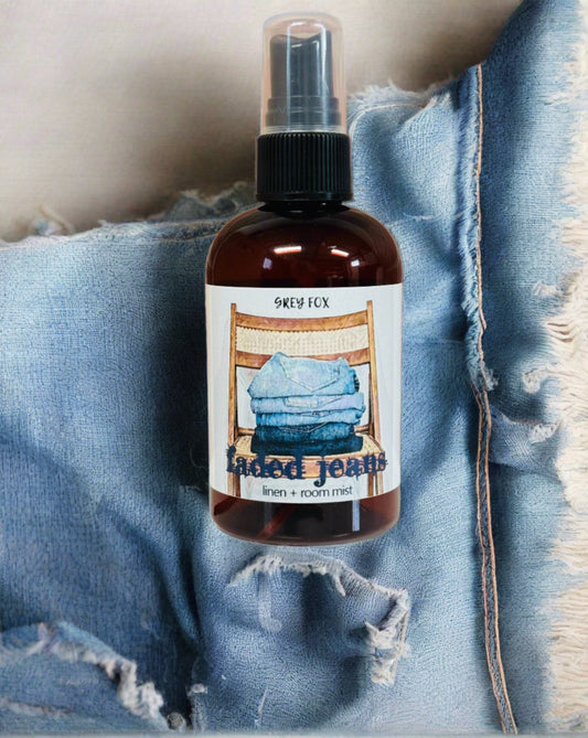 faded jeans linen spray, grey fox candles