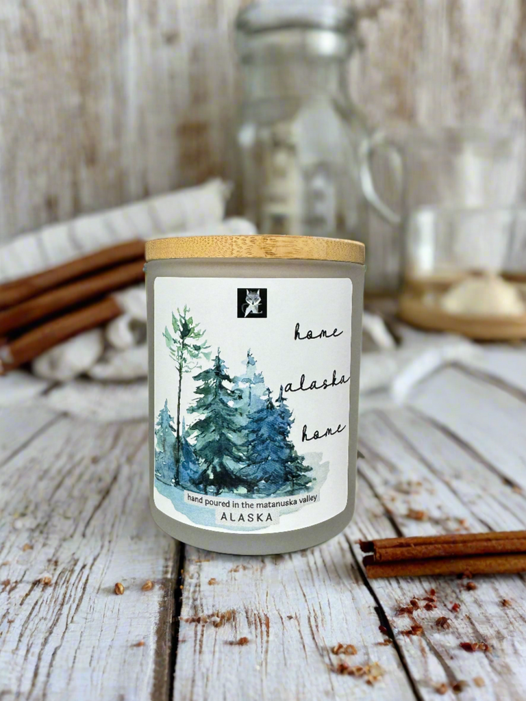 home alaska home, grey fox  candles, made in alaska