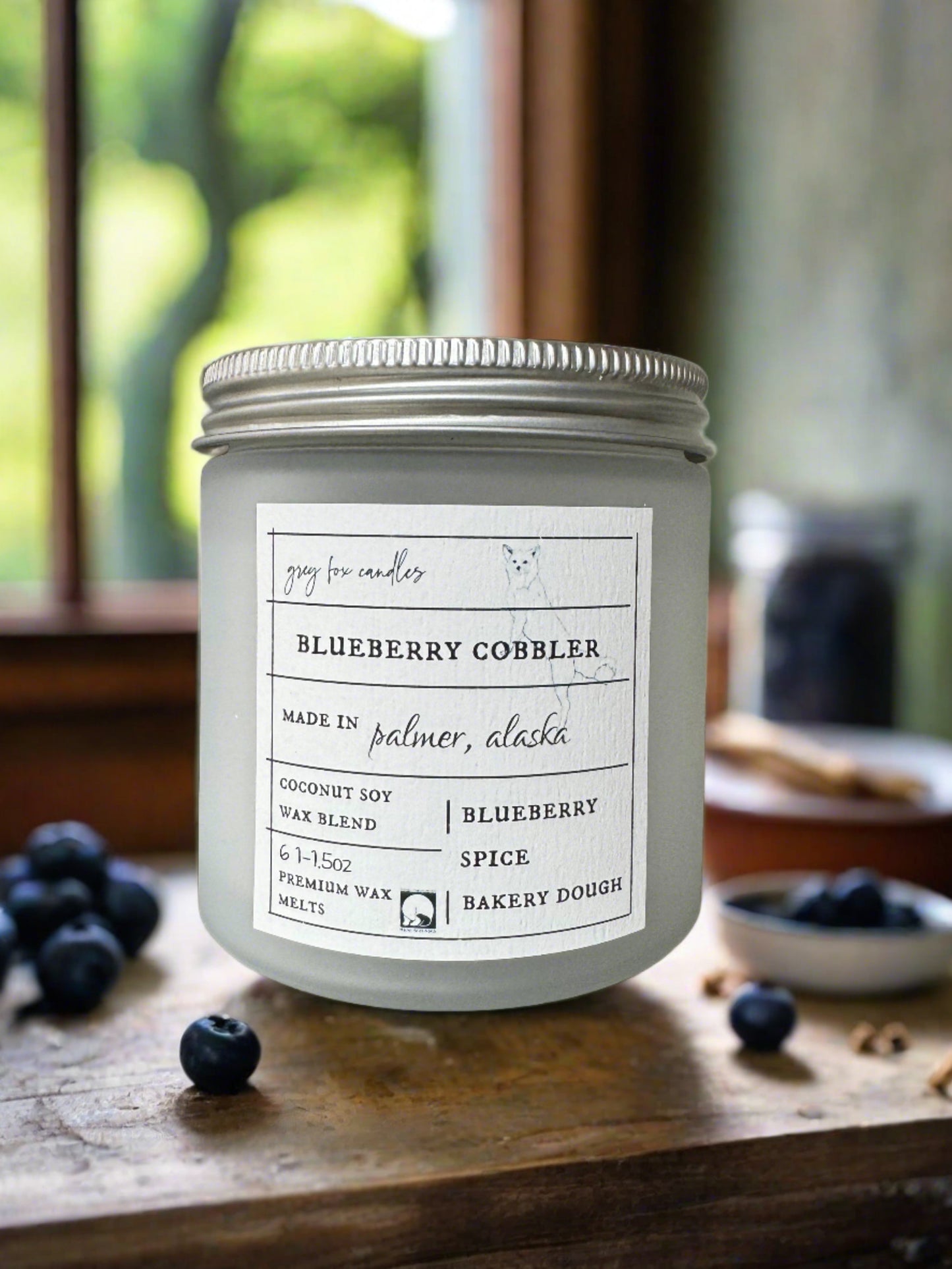 blueberry cobbler permium wax melts, wax tarts, grey fox candles