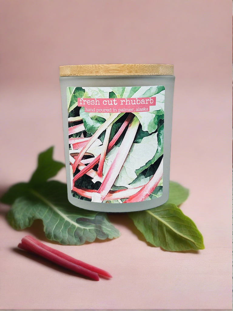 fresh cut rhubarb, grey fox candles