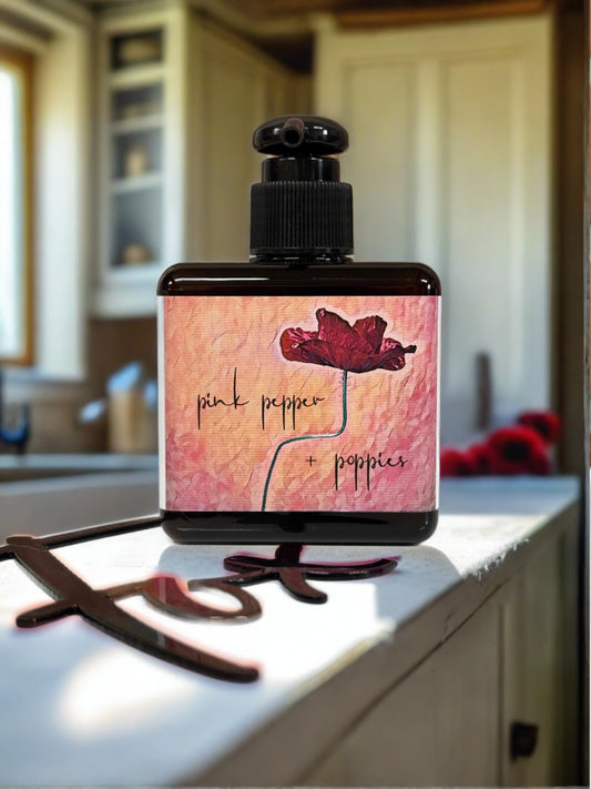 pink pepper + poppies premium beeswax lotion, grey fox candles