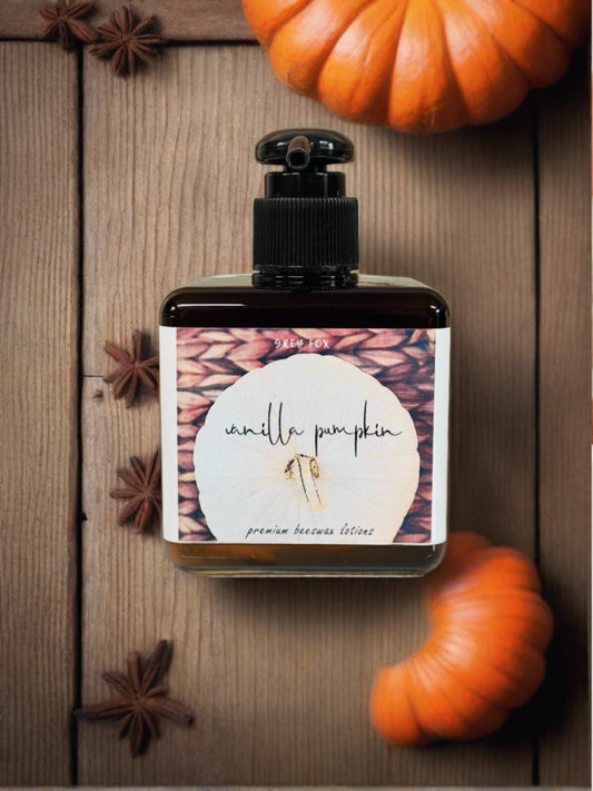 vanilla pumpkin premium beeswax lotion, grey fox candles