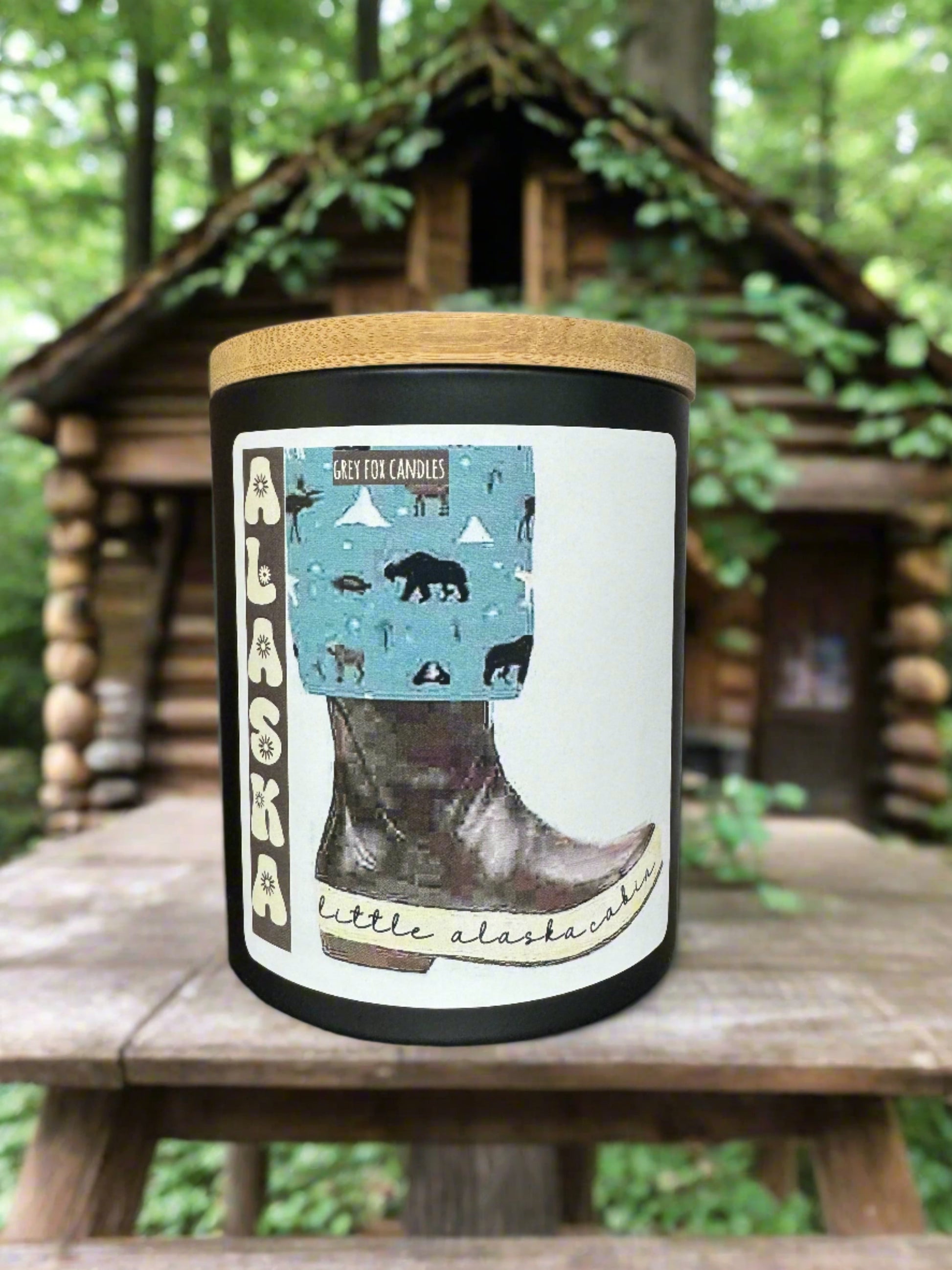 little alaska cabin water boot candle, grey fox candles