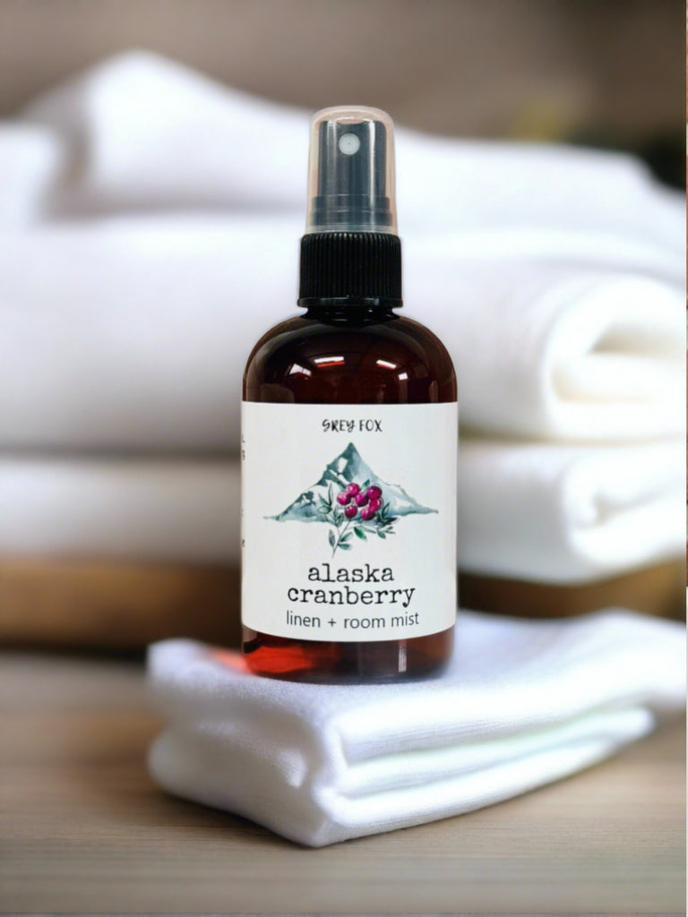 alaska cranberry linen spray, grey fox candles