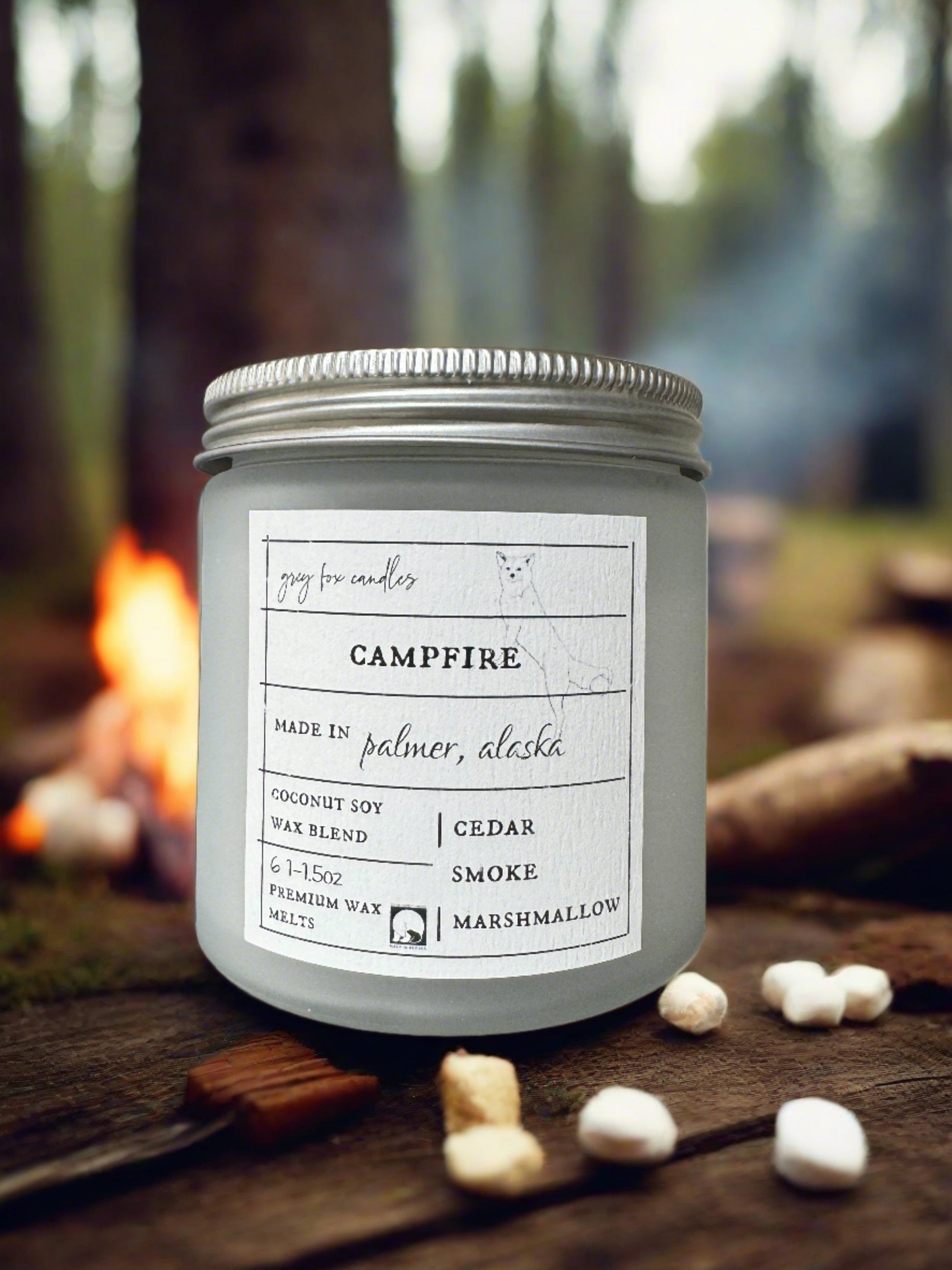 campfire premium wax melts, wax tarts, grey fox candles