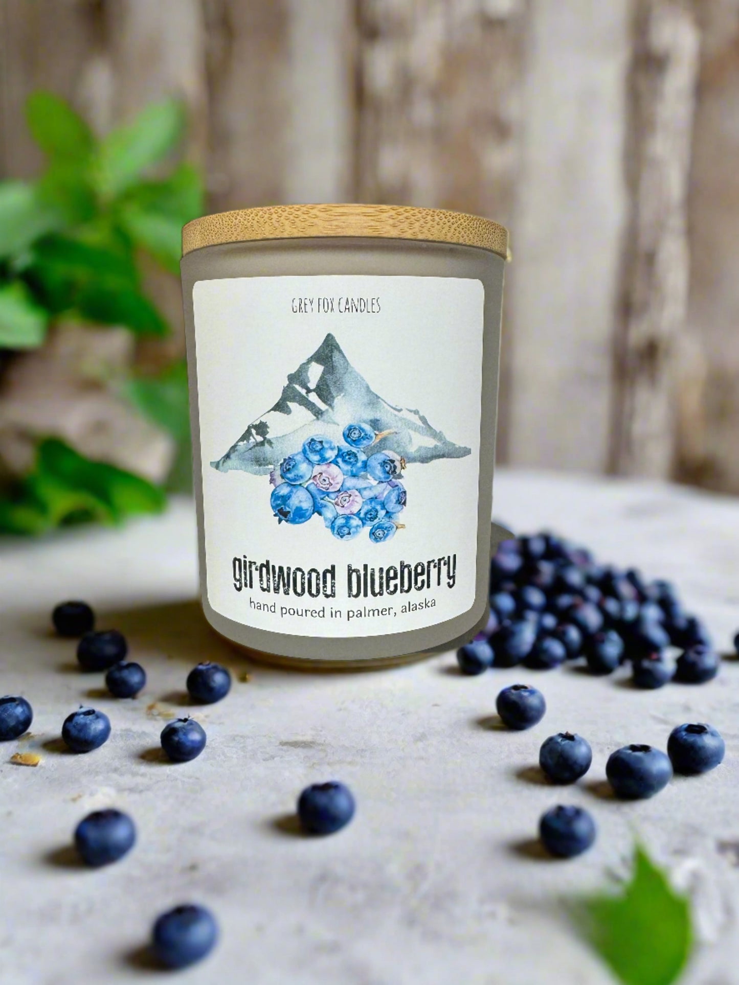 girdwood blueberry coconut wax candle, grey fox candles