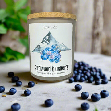 girdwood blueberry coconut wax candle, grey fox candles