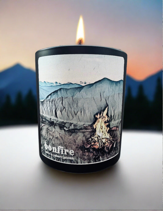 bonfire candle, grey fox candle