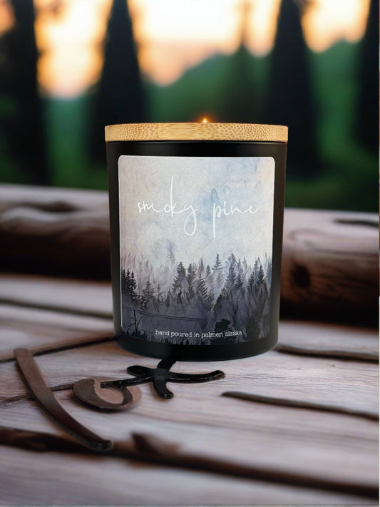smoky pine candle, grey fox candles