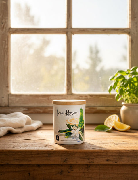 A white jar candle labeled 'lemon blossom' sits on a rustic wooden windowsill, with a potted green plant, lemon slices, and a folded white towel in a softly lit room.