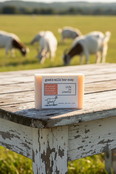 Goats' milk bar soap on a wooden bench with sheep in the background