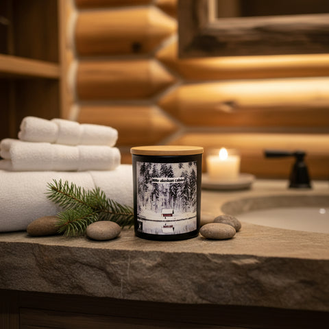 Candle with 'Little Alaskan Cabin' label on a wooden surface with blurred lights in the background