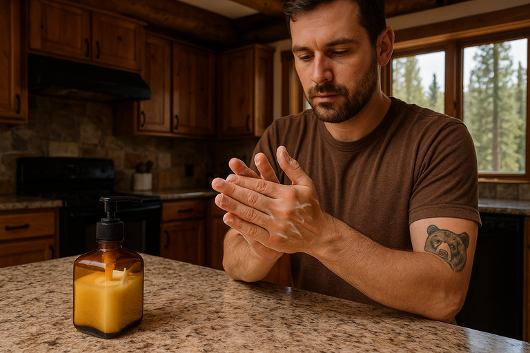 MAN USING LOTION IN HIS HANDS
