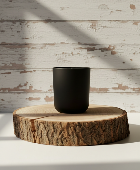 Black ceramic cup on a wooden platform with a rustic wooden background