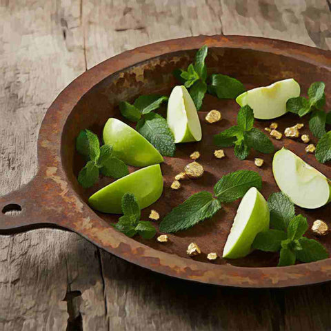Rustic alaskan metal gold mining pan with sliced green apples, gold nuggets, and mint leaves on a wooden surface.