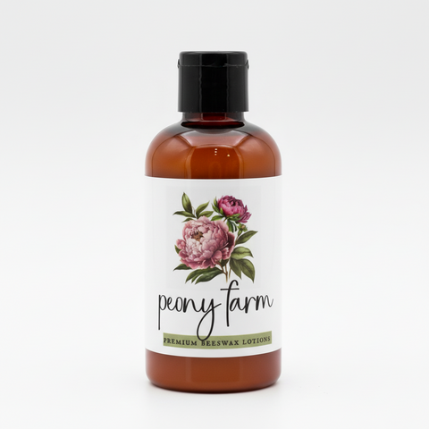 Peony Farm premium beeswax lotion packaging with floral design and text.