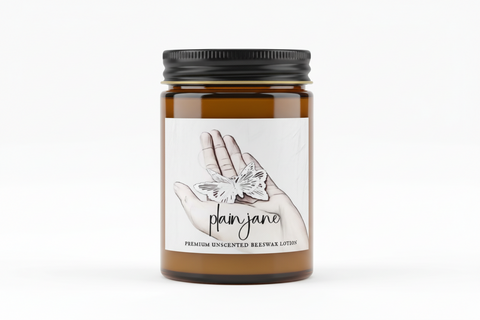 Hand holding a butterfly with 'plain jane' lotion, branding and product details on a white background.