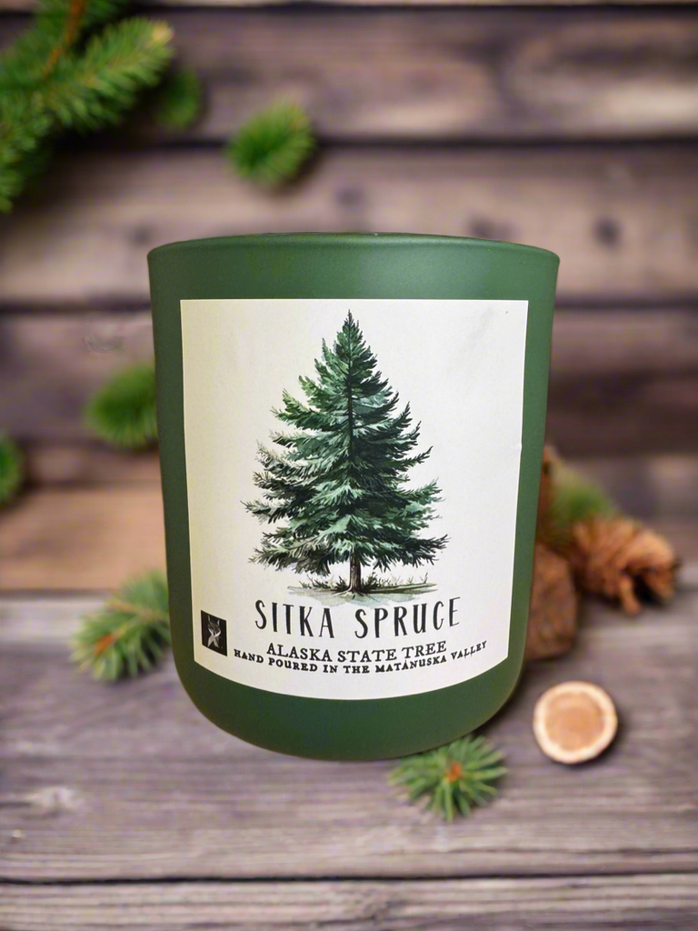 sitka spruce candle, grey fox candle, made in alaska, alaska made