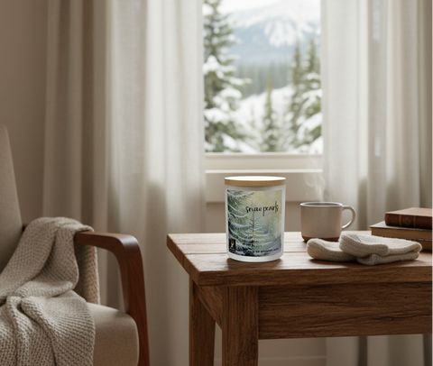 Candle and mug on a wooden table with a window view of trees