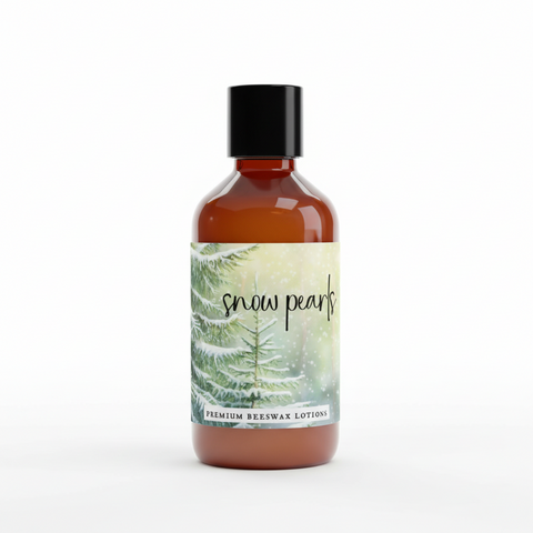 trial size lotion for snow pearls premium beeswax lotions with a snowy tree background.