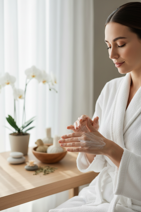 Woman in white robe applying lotion to hands