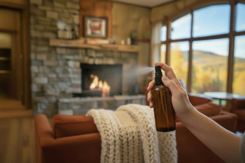 woman using an amber bottle room mist in a lodge looking living room, fall scenery outside the large windows.