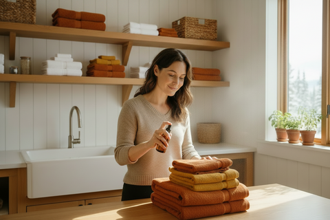 woman using an amber bottle room mist in a fall colored towels in a modern laundry room, white, snowy pine trees outside the large windows.
