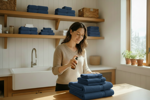 A woman in a beige knit sweater stands in a bright laundry room, holding a spray bottle over a neatly stacked pile of folded blue towels on a wooden table. Shelves in the background hold more folded towels and baskets.